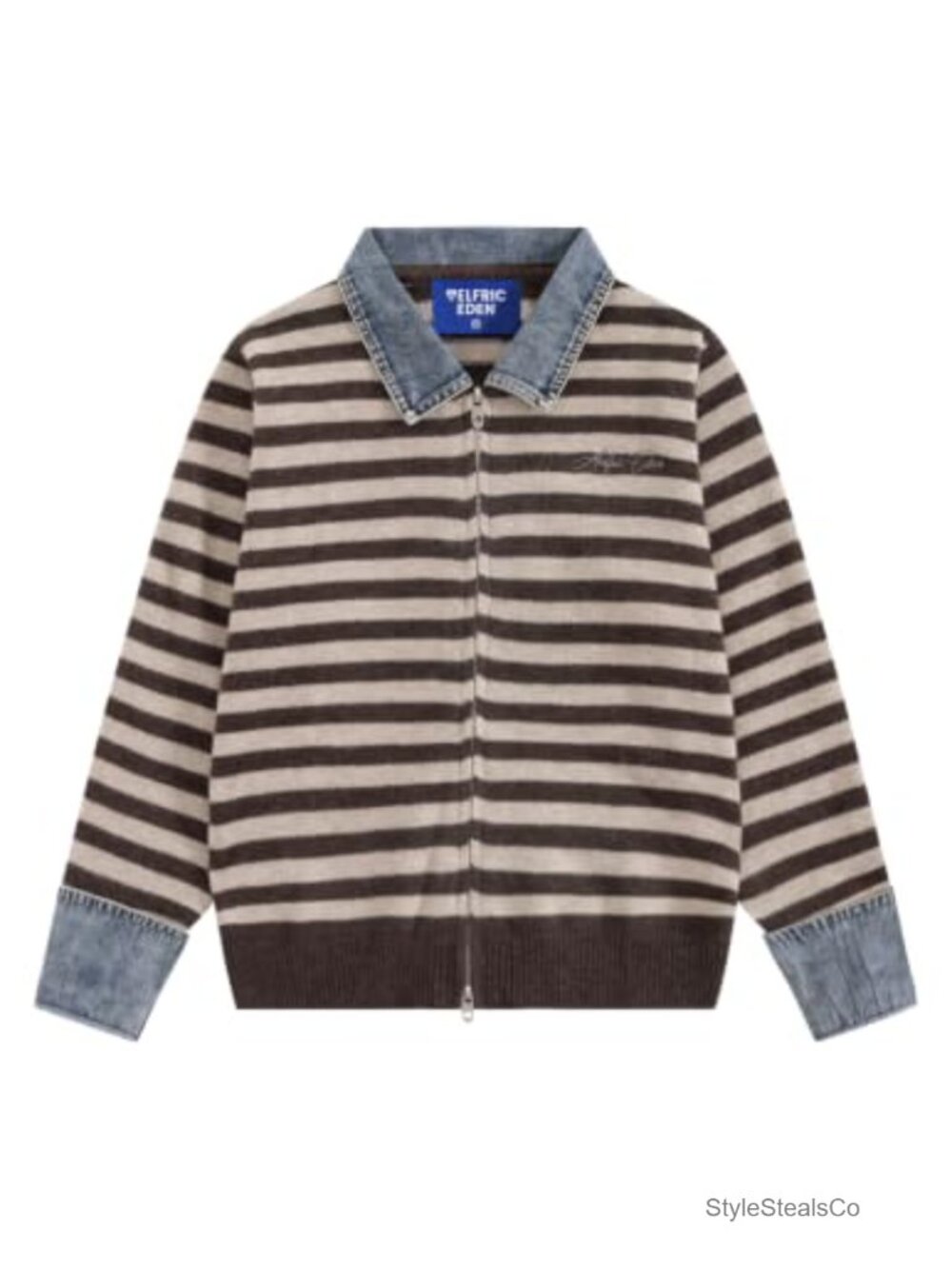 Aelfric Eden Knitted Cardigan Denim Collar Cuffs Contrast
